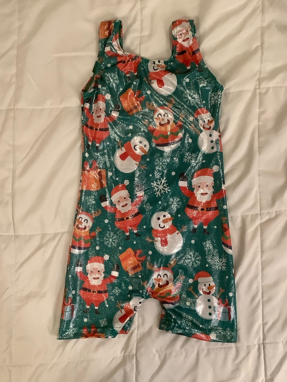 Green Christmas Santa & Snowman Holiday Gymnastics leotard